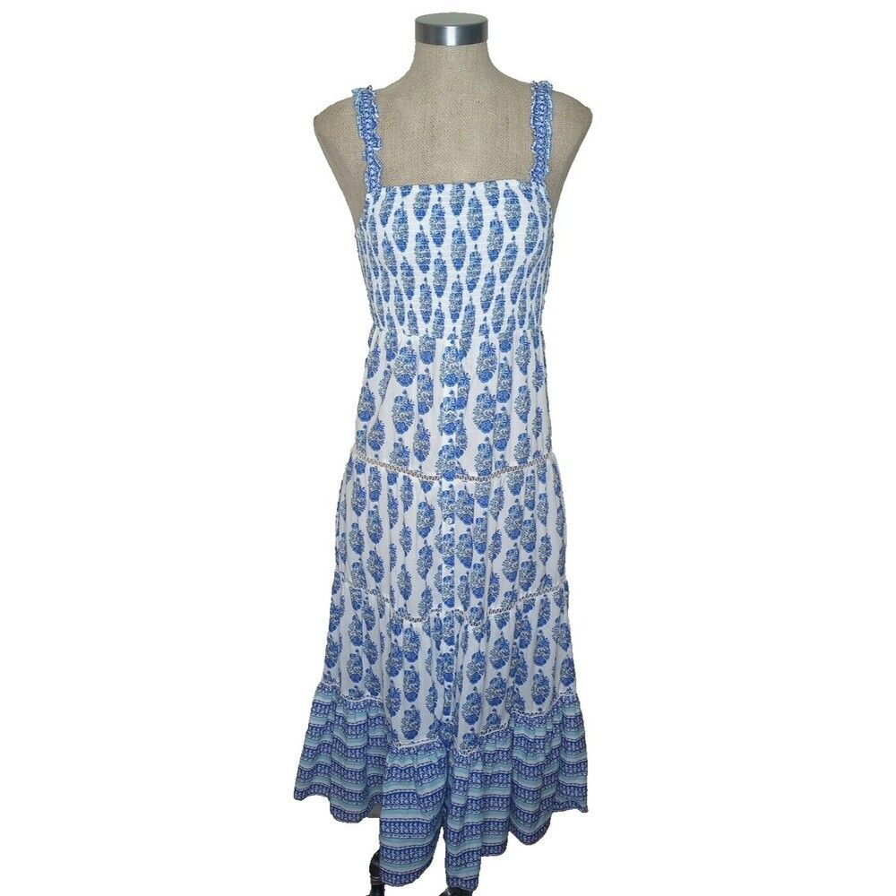 Playa Lucila Sundress Dress Women's Sz Medium Smocked Tiered Button Up Floral
